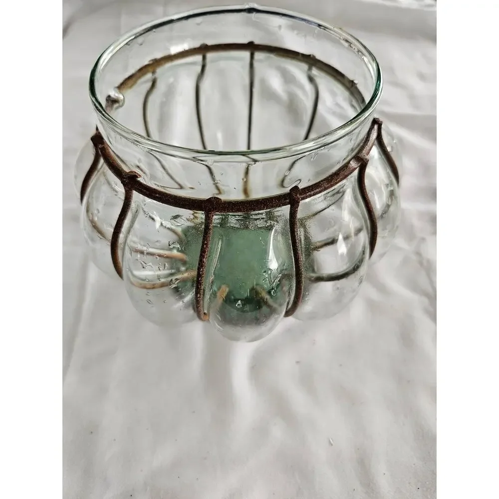 Vintage Art Deco Glass Vase Incased Metal Cage Frame Handblown